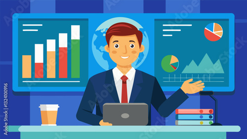 In a studio a news anchor presents a segment on education reform displaying colorful data visualizations in the background to support her argument for changing policies.. Vector illustration