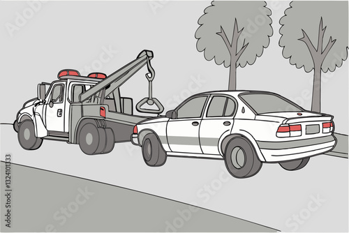 tow truck is towing car on suburban street, surrounded by trees and sidewalk, illustrating roadside assistance scenario