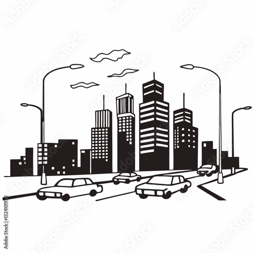 black and white illustration of cityscape featuring tall buildings, streetlights, and cars on busy road, with few clouds in sky, creating dynamic urban atmosphere