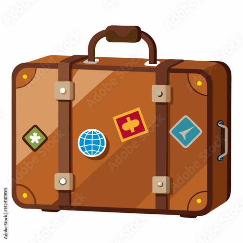 brown vintage suitcase with travel stickers, including globe, airplane, and cross, symbolizing travel and adventure. suitcase features leather straps and metal accents