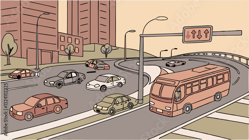 urban street scene with multiple vehicles, including cars and bus, navigating curved road near flyover. background features tall buildings, streetlights, and minimalistic greenery