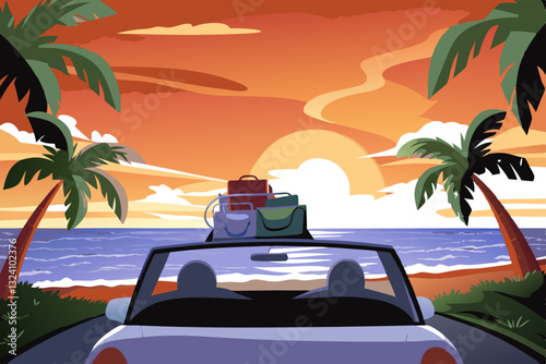 convertible car loaded with luggage is parked by tropical beach, facing vibrant sunset over ocean. Palm trees frame scene, evoking sense of adventure and relaxation