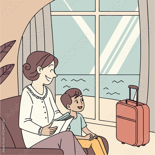 woman and boy sitting in cozy room with large window overlooking sea, enjoying relaxing moment with suitcase nearby, suggesting vacation or travel