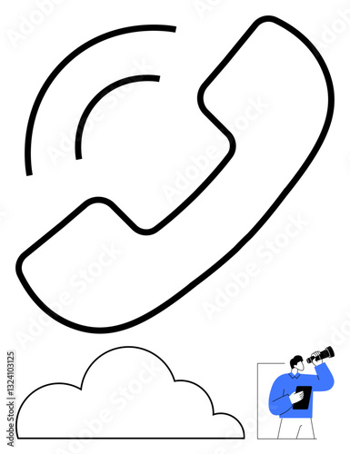 Phone receiver with waves, cloud shape below, person with binoculars holding device. Ideal for communication, networking, innovation, connectivity, technology searching cloud service. Flat simple