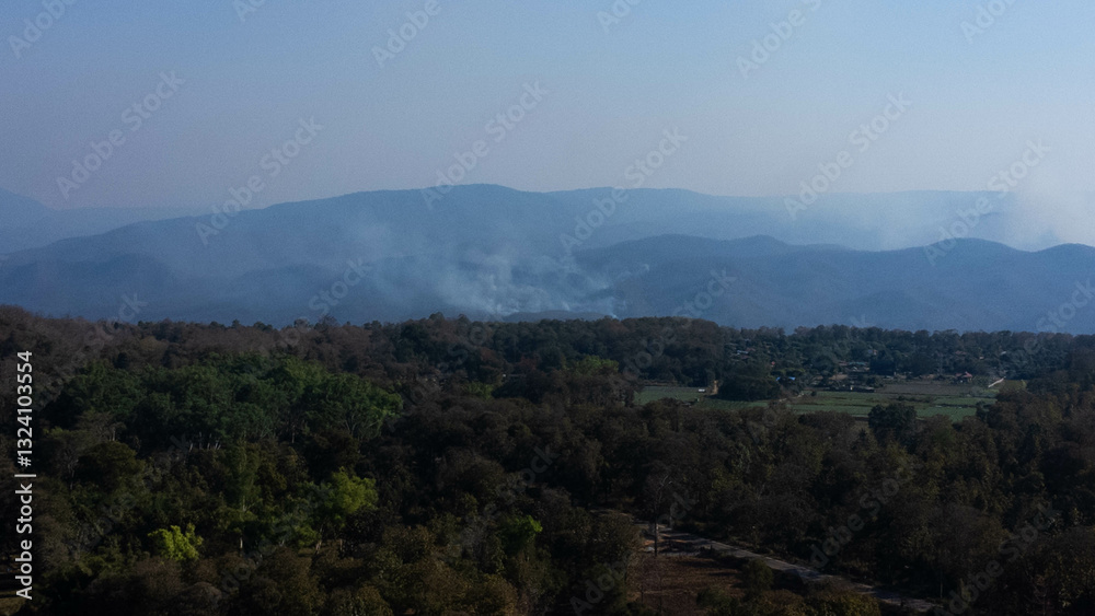 Naklejka premium Aerial view of forest fires and smoke in the forests of Thailand. Natural disaster. Burning fields in summer. Environmental destruction.