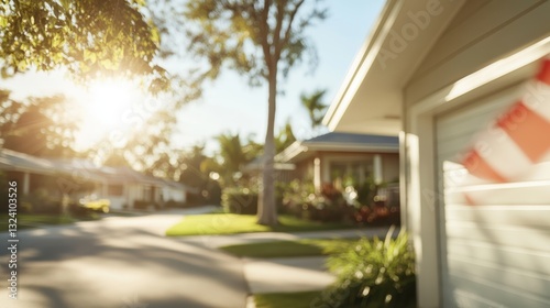 A dreamy image capturing a sunny suburban street scene, with blurred foreground details providing an artistic touch while maintaining the warmth and inviting atmosphere of the setting.