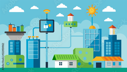 From underground cables to rooftop solar panels the citys smart grid infrastructure was constantly collecting data and making adjustments for maximum efficiency.. Vector illustration