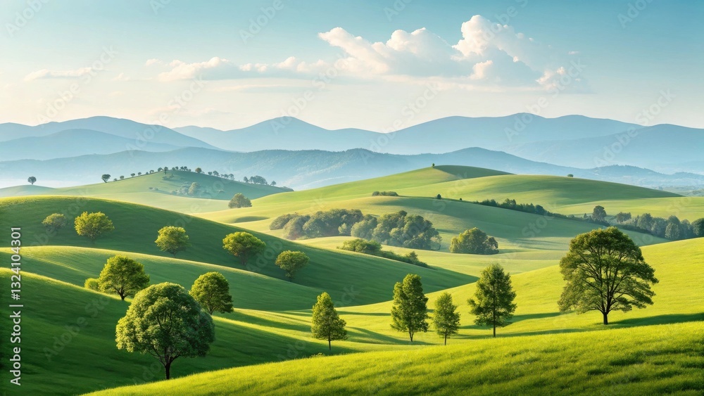 Fototapeta premium A serene landscape featuring rolling green hills and scattered trees under a bright blue sky, creating a tranquil, picturesque scene.