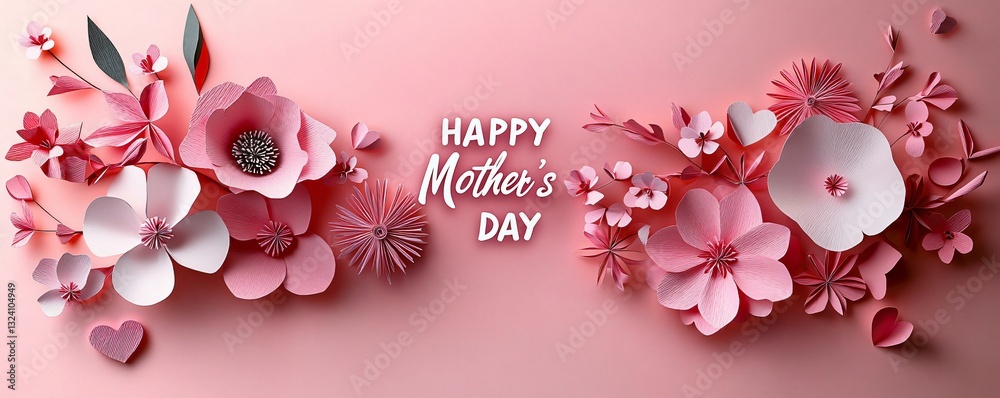 Fototapeta premium Delicate layered paper flowers in soft pinks and whites create a romantic backdrop for Mother's Day celebrations, ideal for greeting cards or event invites.