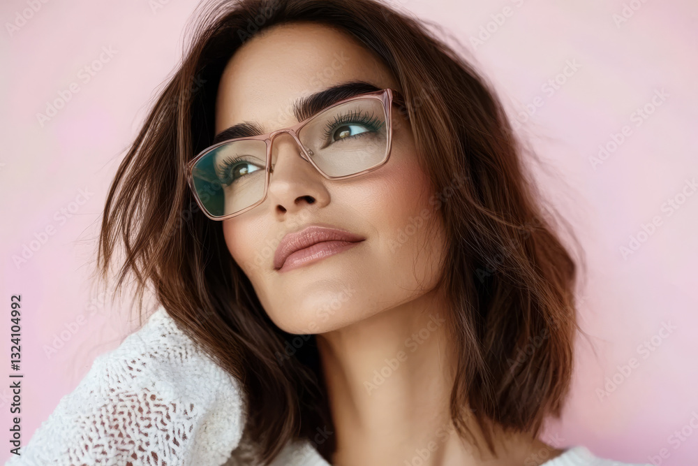 Portrait of a woman with glasses and loose hair against a pastel background Portrait of a woman with glasses and loose hair against a pastel background