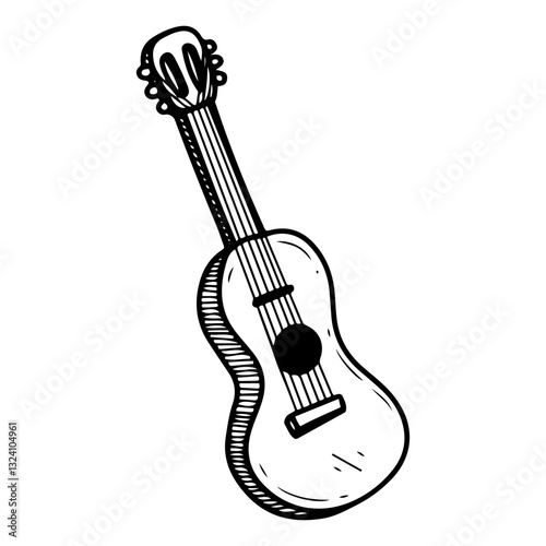 Musical instrument guitar. Hand drawn doodle. Stringed plucked instrument of musician. Wooden object. Long neck. Accompaniment. Acoustic solo. Vector line art illustration.