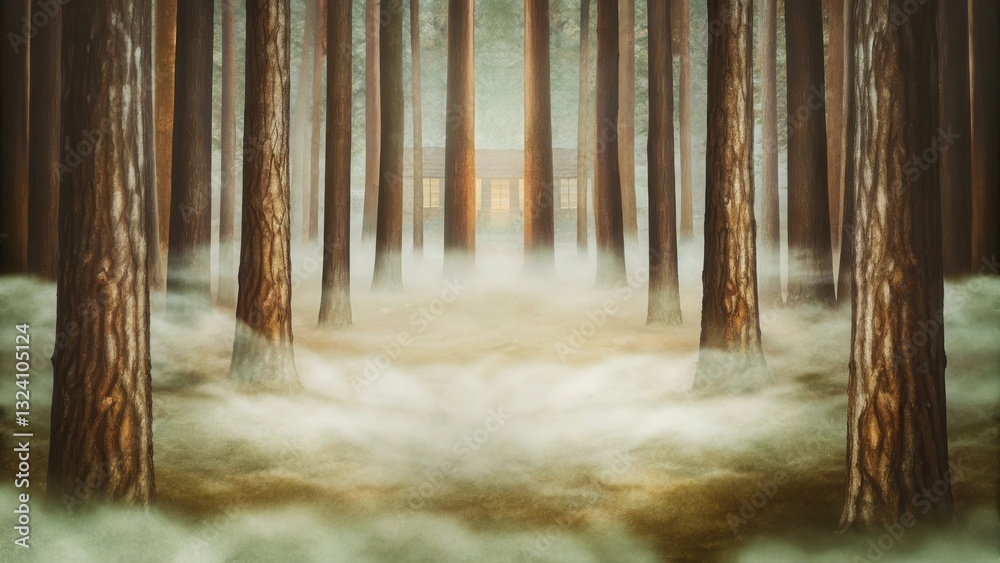 Naklejka premium A mystical forest scene with tall trees shrouded in fog, creating an ethereal atmosphere that invites exploration and wonder.