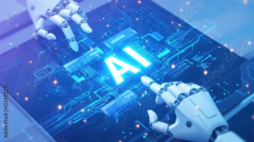 Creative illustration featuring technology, the Internet, AI, and robots, showcasing a futuristic digital world. Concept of innovation, automation, and smart technology in a modern society