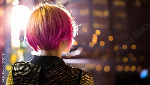 ピンク色のヘアカラー、美しいボブヘアの後ろ姿のモデル photo