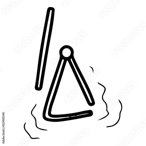 Musical instrument triangle. Hand drawn doodle. Percussion noise equipment of a symphony orchestra musician. Curved metal rod. Vector line art illustration.