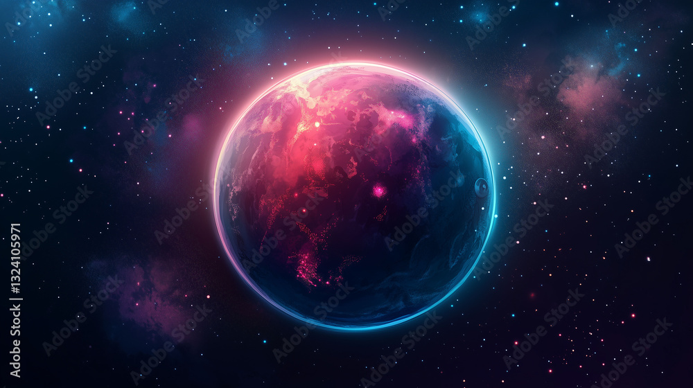Fototapeta premium Cyberpunk Planet Glowing Earth in Neon Space, Stellar Background