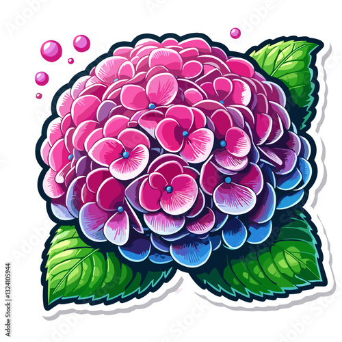 Stylized hydrangea flower cluster with pink and blue petals and vibrant green leaves