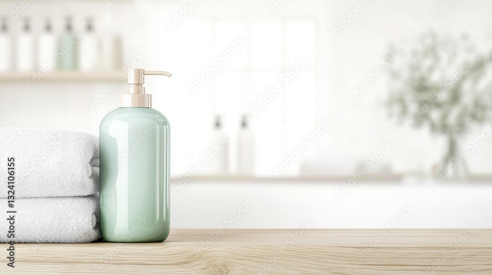 Minimalist and modern bathroom accessories including soap dispenser towels and other personal care products neatly arranged on a wooden table in a serene calming home interior setting Minimalist and modern bathroom accessories including soap dispenser towels and other personal care products neatly arranged on a wooden table in a serene calming home interior setting