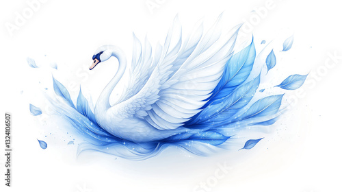 Fototapeta Naklejka Na Ścianę i Meble -  Graceful white and blue swan gliding elegantly through an ethereal watercolor dreamscape. Symbol of beauty, purity, and tranquility.