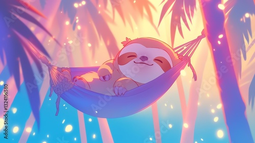 Cute sloth relaxing in a hammock amidst colorful tropical scenery.