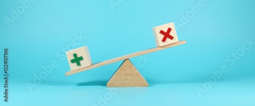 Obraz na płótnie Plus and minus or positive and negative symbols on wooden blocks are balanced on a wooden seesaw against a blue background in a flat lay view. w salonie