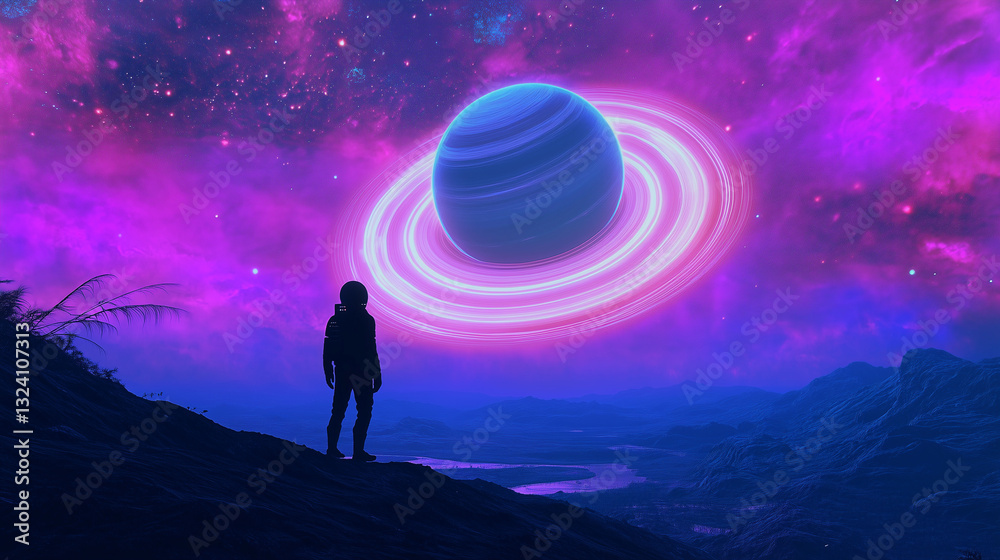 Astronaut Views Ringed Planet, Purple Nebula, Alien Landscape Astronaut Views Ringed Planet, Purple Nebula, Alien Landscape