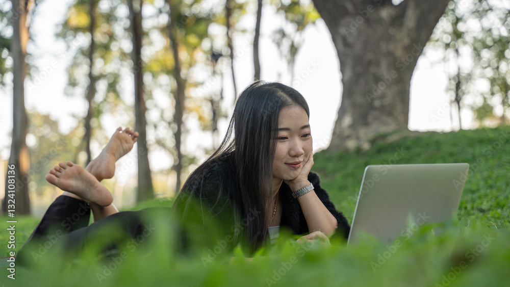 Smiling young girl enjoying relaxing outdoors while watching a laptop on the grass in park Smiling young girl enjoying relaxing outdoors while watching a laptop on the grass in park