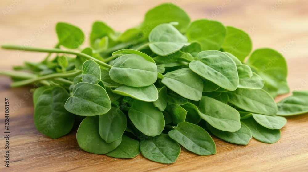 Fresh, vibrant Moringa leaves on wooden surface Fresh, vibrant Moringa leaves on wooden surface
