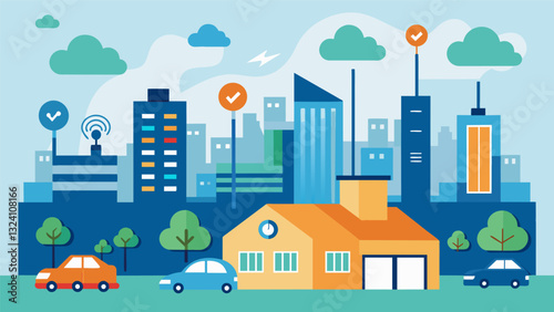 Local businesses in a downtown area use realtime air quality data to assess the impact of their operations on the surrounding environment and make necessary adjustments.. Vector illustration