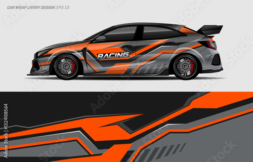 car livery graphic design. racing stripe graphic design with orange color combination for vehicle vinyl wrap and sports car, racing car, rally and sticker.