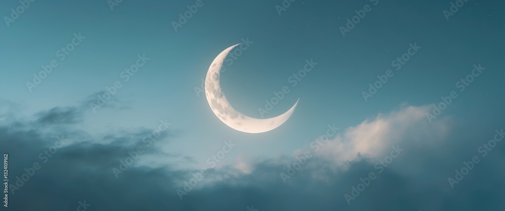 Fototapeta premium Ramadan Concept - Abstract backdrop featuring a Crescent moon above clouds