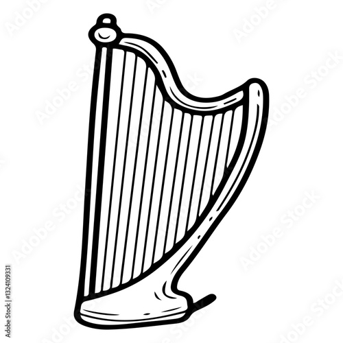 Musical instrument harp. Hand drawn doodle. Stringed plucked instrument of musician. Frame with strings. Vector line art illustration.