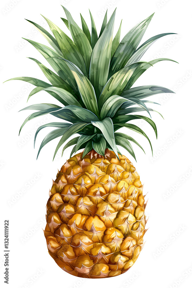 Fototapeta premium Detailed Watercolor Illustration of a Ripe Pineapple with Lush Green Leaves on a Black Background