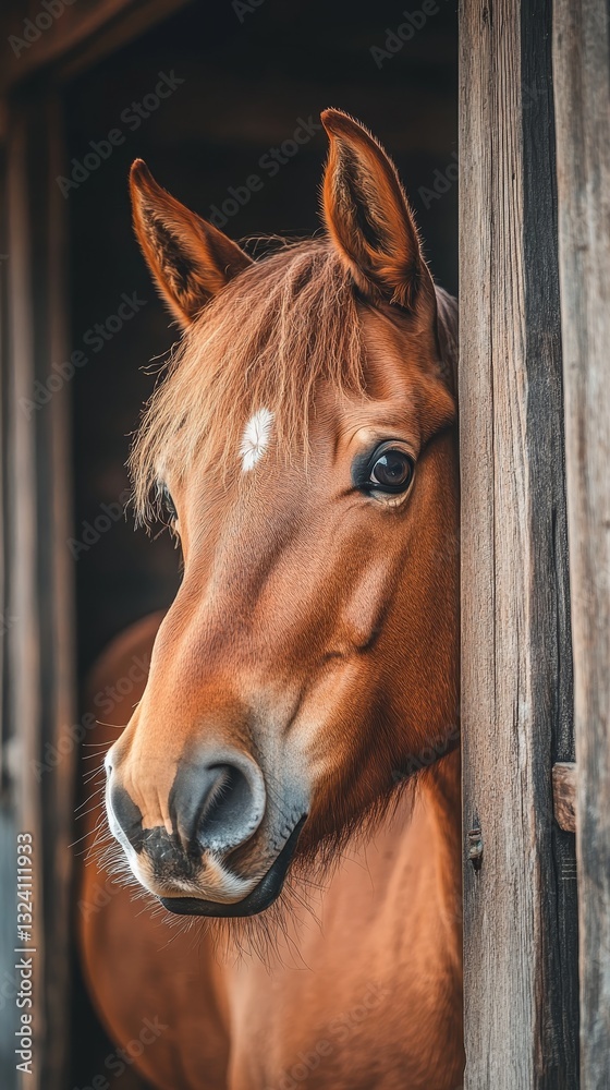 Obraz premium A Captivating Glimpse: A Brown Horse's Portrait in Rustic Ambiance, Revealing the Beauty of Equine Grace in Farm Country Elegance and Wild Beauty