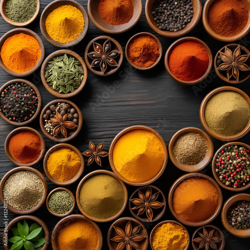 Various spices and powders in wooden bowls.