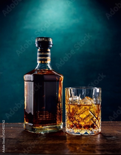 whiskey bottles and a glass of whiskey with ice