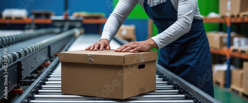 Packing conveyor. A worker's hands are placing items into the box.