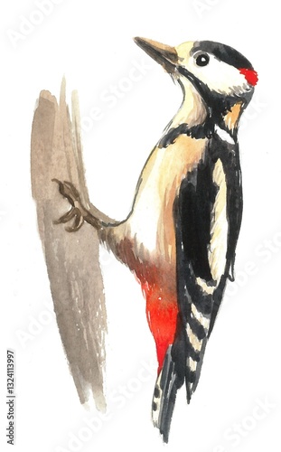 Woodpecker hand painted with watercolors on white background.