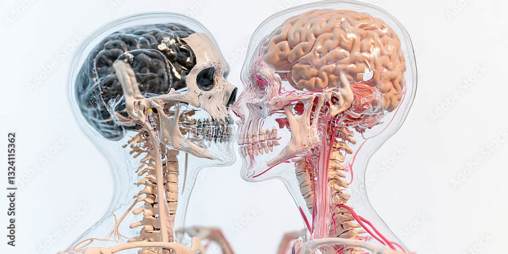 Naklejka premium Comparative Anatomical Model of Two Human Heads and Necks