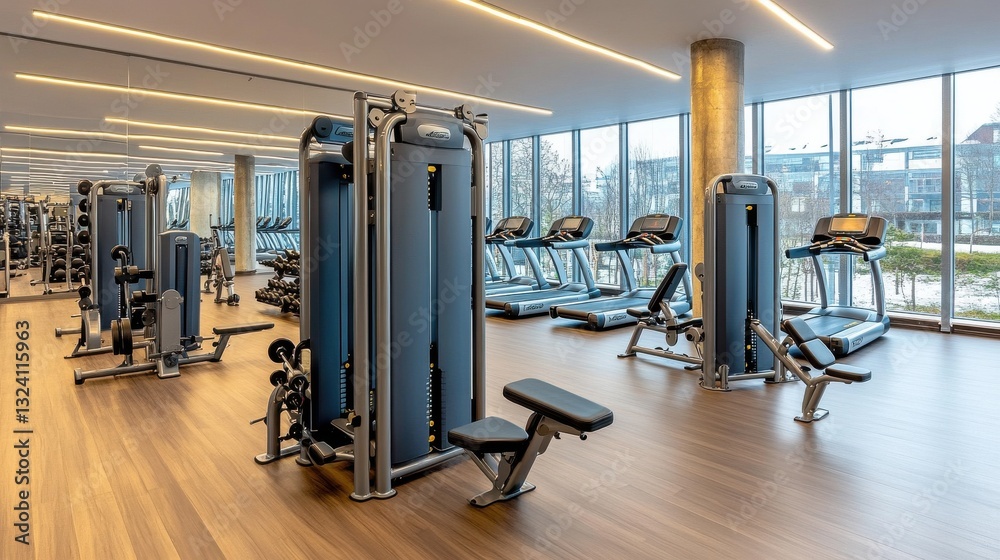 A spacious, modern gym filled with exercise machines and equipment, featuring large windows that allow natural light to illuminate the area. A spacious, modern gym filled with exercise machines and equipment, featuring large windows that allow natural light to illuminate the area.