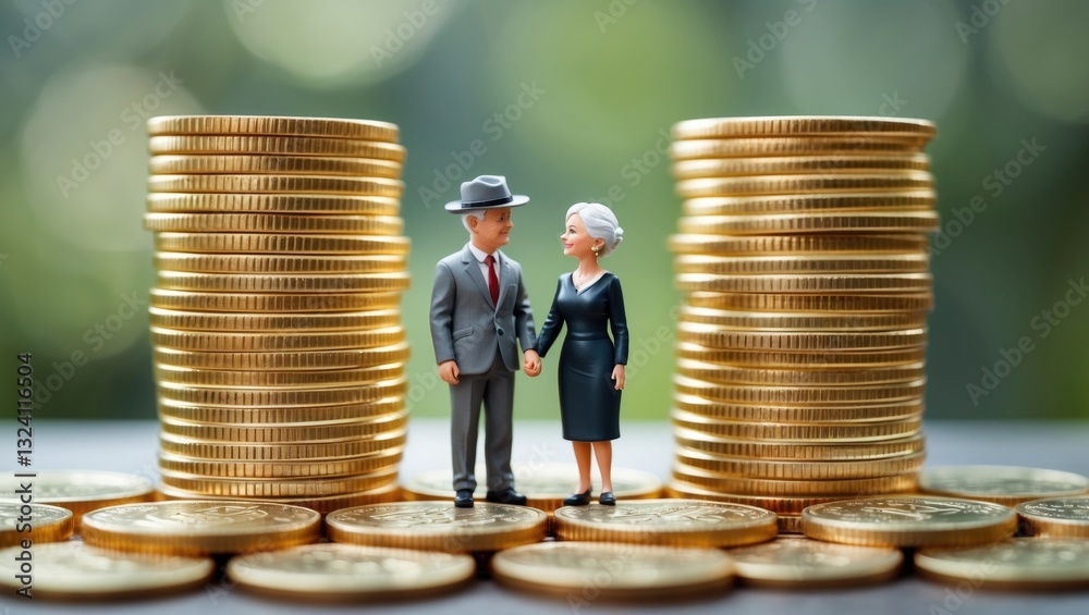 Pension insurance for retirees and social security tax, financial concept Elderly retired couple stands amidst stacks of coins, illustrating a long-term investment approach for an aging population.