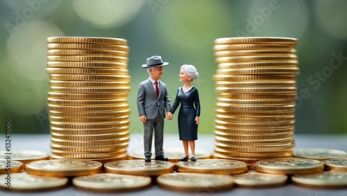 Obraz na płótnie Pension insurance for retirees and social security tax, financial concept Elderly retired couple stands amidst stacks of coins, illustrating a long-term investment approach for an aging population. w salonie