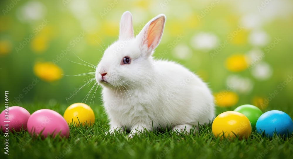 Fototapeta premium Великодній заєць серед яєць (Рівень очей, центральна композиція)