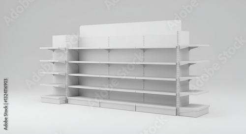 white isolated empty 3D rendering showcase background podium racked display shop blank store market shelf supermarket retail rack equipment shelving,space, gondola, render