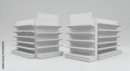 white isolated empty 3D rendering showcase background podium racked display shop blank store market shelf supermarket retail rack equipment shelving,space, gondola, render
