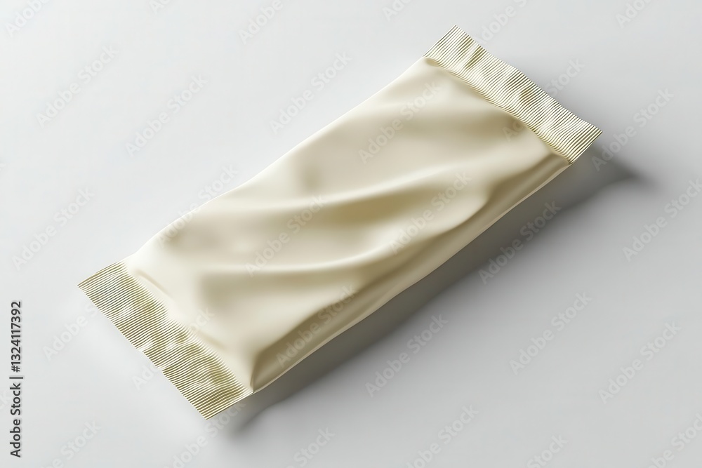 Naklejka premium realistic white chocolate bar packaging mockup with elegant flow wrap design, partially unwrapped to reveal the product inside, displayed on a clean white surface with subtle shadows
