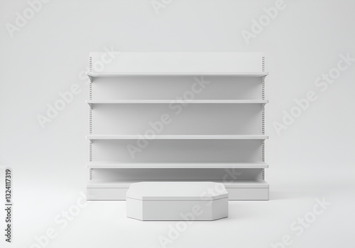 white isolated empty 3D rendering showcase background podium racked display shop blank store market shelf supermarket retail rack equipment shelving,space, gondola, render
