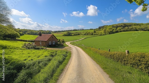 A charming cottage nestled in lush green fields under a bright blue sky, with a winding dirt road leading through the serene landscape.