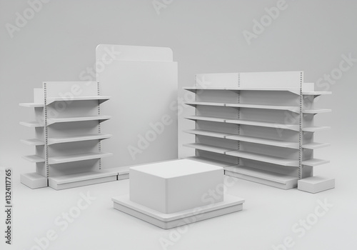 white isolated empty 3D rendering showcase background podium racked display shop blank store market shelf supermarket retail rack equipment shelving,space, gondola, render