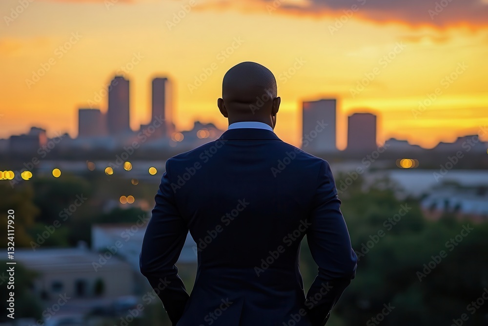 Fototapeta premium rear view of confident african american executive in tailored navy suit gazing at dramatic urban skyline at golden hour, symbolizing ambition and achievement in the financial world